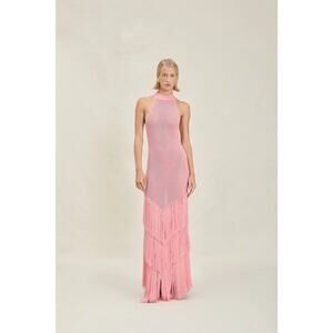 Devon Windsor Knit Mock Neck Sleeveless Fringe Layer Maxi Dress Peach Size XS